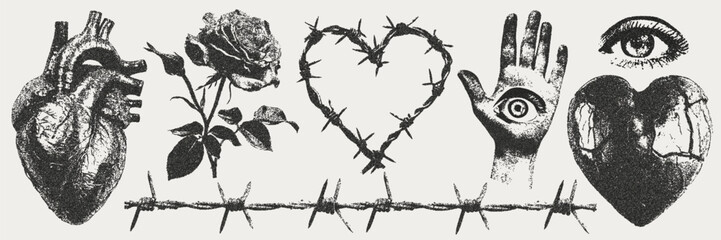 Elements with a retro photocopy effect. Gothic valentine's day concept. Broken heart, barbed wire and other trendy Y2K elements.  Grain effect and stippling. Vector dots texture.	 - obrazy, fototapety, plakaty