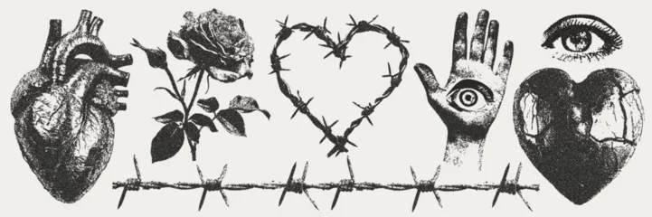 Photo sur Plexiglas Papillons en grunge Elements with a retro photocopy effect. Gothic valentine's day concept. Broken heart, barbed wire and other trendy Y2K elements.  Grain effect and stippling. Vector dots texture. 