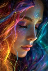 Naklejka premium Glowing Goddess: A Rainbow-Haired Beauty Embraces the Neon Trend Generative AI