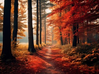 A picturesque autumn forest with trees adorned in shades of red, orange, and yellow, leaves falling gently to the ground.