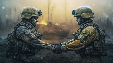 Portrait of two soldiers holding each other hands and giving support in war - obrazy, fototapety, plakaty
