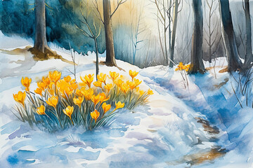 delicate yellow crocuses on the edge of the forest make their way through snow, symbolizing the beginning of spring and a new life,the concept of spring design and marketing,watercolor illustration - obrazy, fototapety, plakaty