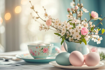 a delicate Easter composition of Easter breakfast serving of colored eggs on a plate,spring flowers and an elegant tea pair, the concept of Easter design and greeting cards