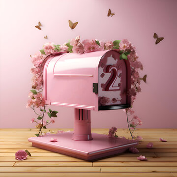 3d rendering of a pink mailbox with pink flowers and butterflies in the background