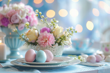 Fototapeta na wymiar Easter table setting, including beautiful dishes, colored eggs on a plate and a delicate bouquet of flowers, the concept of Easter design and greeting cards