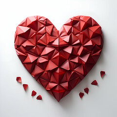 Red heart made of origami paper on white background. 3d rendering