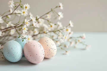 Obraz premium Easter composition of colored eggs lying on the table next to flowering twigs, light background, minimalist style, in delicate pastel colors,the concept of creative Easter design and greeting cards