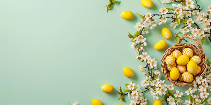 easter banner,a composition of a wicker basket, branches of a flowering apple tree, and yellow-colored eggs on a light green background,the concept of Easter design,copy space
