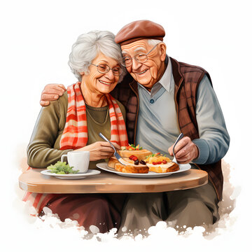 Elderly couple sharing a meal in a soup kitchen isolated on white background, png
