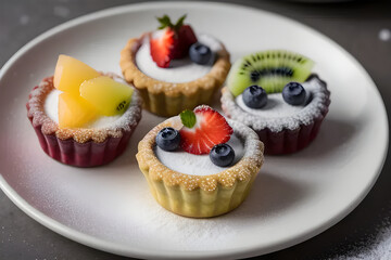 Obraz na płótnie Canvas A plate of colorful fruit tartlets with a dusting of powdered sugar