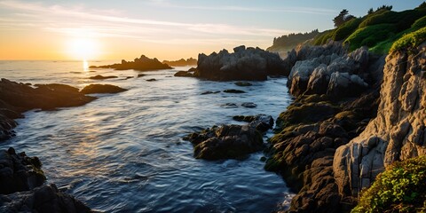 Rugged rocky coastline at sunrise in summer , Rugged rocky coastline, sunrise, summer