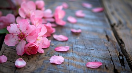 spring flowers background, pink blossoms on wooden table