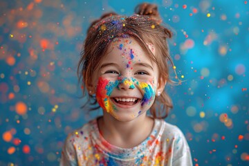 Colorful Celebration: A Young Girl Smiling with Face Paint and Confetti Generative AI