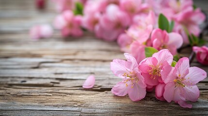 Fototapeta na wymiar spring flowers background, pink blossoms on wooden table