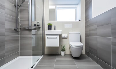 A minimalist and clean toilet design with gray walls. generative AI