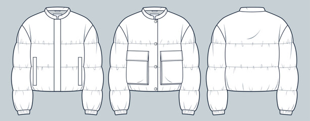 Cropped down Jacket technical fashion Illustration. Unisex Lightweight Jacket fashion flat technical drawing template, pocket, buttons, front and back view, white, women, men, unisex CAD mockup set. - obrazy, fototapety, plakaty