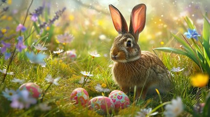 Fototapeta na wymiar Spring meadow with rabbit and easter eggs
