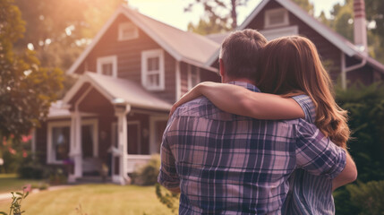 New Beginnings: A Loving Embrace Outside a New Home in a Serene Suburban Setting