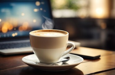 Coffee in a white cup, laptop, homeworking, teleworking, coffee and laptop