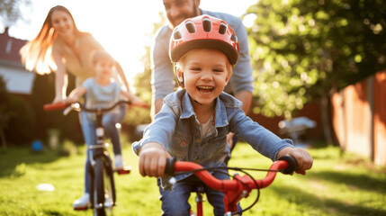 Smiling Child Learning to Ride a Bike with Parents - obrazy, fototapety, plakaty