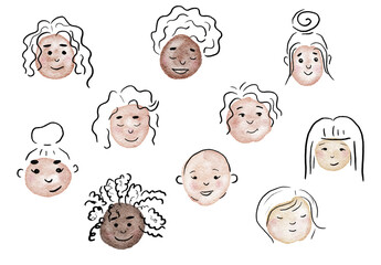 Set of cute watercolor women faces. Hand-drawn illustrations of girls with different skin colors. Cute watercolor and ink doodles isolated on a white background.