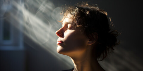Young woman with eyes closed, sunbeams caressing her face, a moment of tranquility, indoor setting