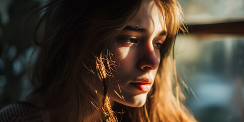 Pensive young woman with sunlight on her face, looking away, reflective mood, near a window