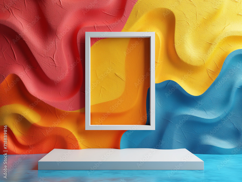 Poster 3d empty mockup frame set against an abstract background. abstract waves texture in red, yellow, and