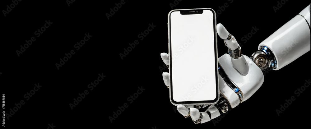 Poster close-up of a humanoid robot hand holding a white smartphone with blank screen with copy space. isol