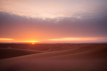 Fototapeta na wymiar A breathtaking sunset over a vast desert with dunes and sparse vegetation