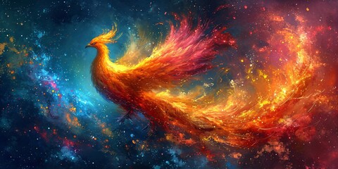 Fiery Phoenix Rising in the Cosmos Generative AI - obrazy, fototapety, plakaty