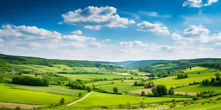 Picturesque countryside farm with rolling hills in summer , Picturesque countryside farm, rolling hills, summer