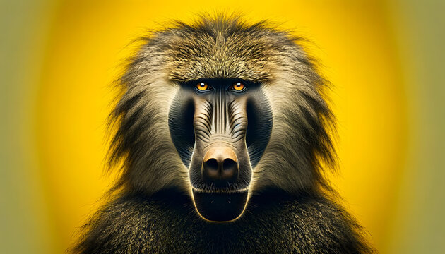 A close-up frontal view of a male baboon on a yellow background