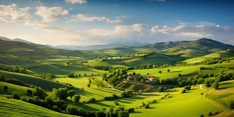 Naklejka premium Picturesque countryside farm with rolling hills in summer , Picturesque countryside farm, rolling hills, summer
