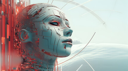 There is a digital art image of a woman with a head of mechanical parts,,
