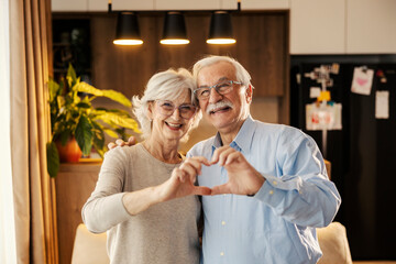 Portrait of a happy senior couple making heart shape with hands.
