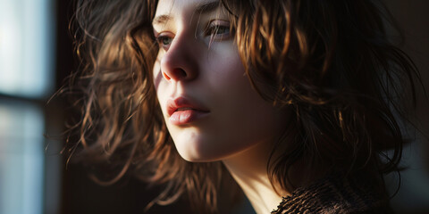 Intimate close-up of a young woman with windswept hair, sunlight on her face, piercing gaze
