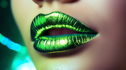 Woman lips with neon green lipstic. Make up concept. AI generated image.