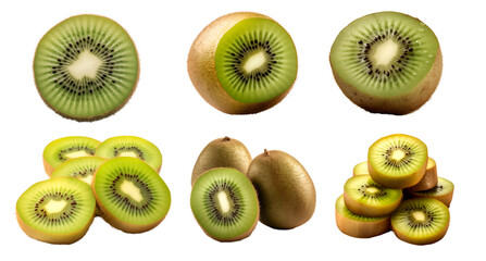 Fototapeta premium Kiwi Kiwifruit Chinese gooseberry, many angles and view side top front heap pile bunch isolated on transparent background cutout, PNG file. Mockup template for artwork graphic design