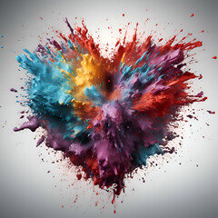 Colorful explosion of paint in the form of a heart on a gray background - obrazy, fototapety, plakaty