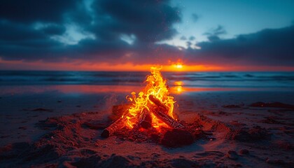 Sunset Beach Bonfire: A Glorious Evening of Fire and Reflection Generative AI