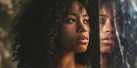 Serene African American woman with curly hair, close-up profile, reflective eyes, soft indoor light