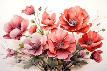Red poppies on white background. Hand drawn illustration.