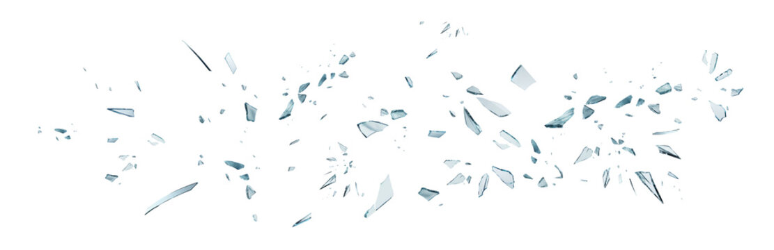 Shards of shattered glass. Pieces of broken glass isolated. Transparent background PNG. Pen tool cutout. Glass explosion. 