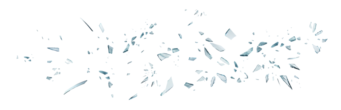 Shards of shattered glass. Pieces of broken glass isolated. Transparent background PNG. Pen tool cutout. Glass explosion. 