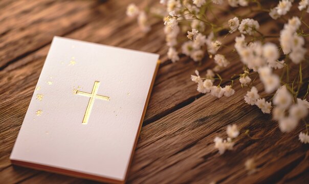 A white greeting card with a golden cross lies on a wooden table with flowers. The concept of goodness and faith. Christianity.