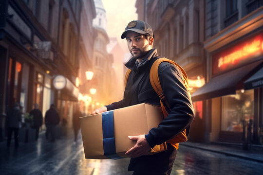 Delivery man carrying a parcel in an urban streen