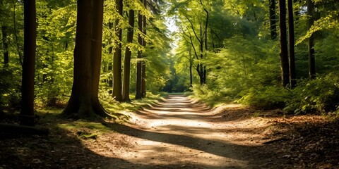 Peaceful forest path in autumn with golden leaves , Peaceful forest path, autumn, golden leaves
