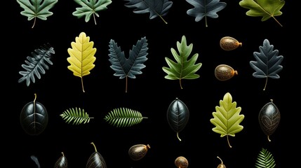 Collection of colorful autumn leaves isolated on black background