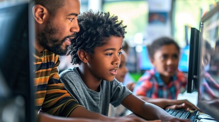 Technology education: Teacher assisting student with computer science lesson